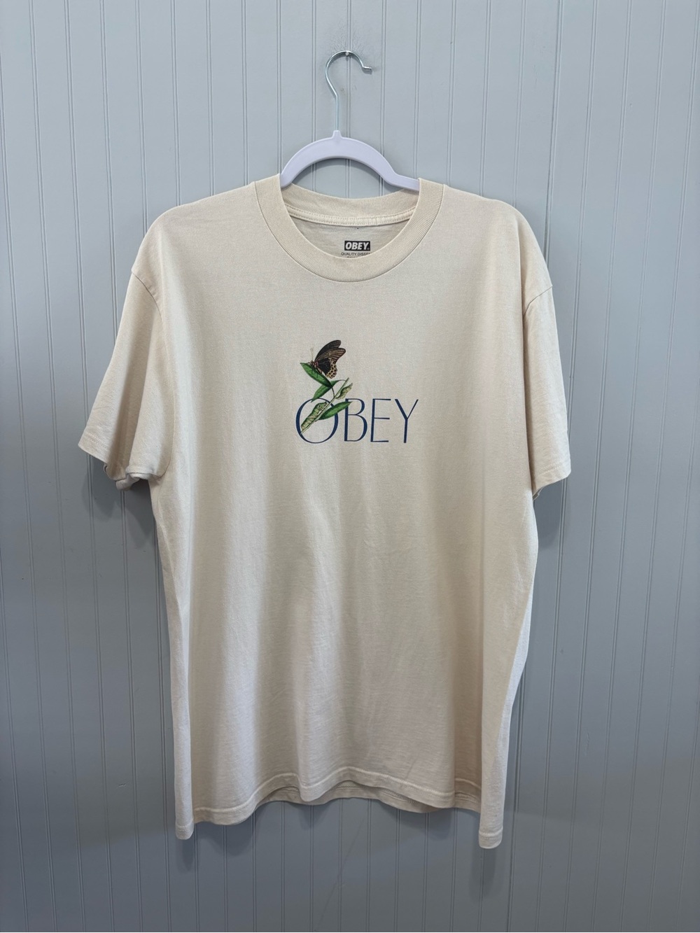 Obey Growth Cream Short-Sleeve Tee with Bird and Leaf Graphic Men's Size Large
